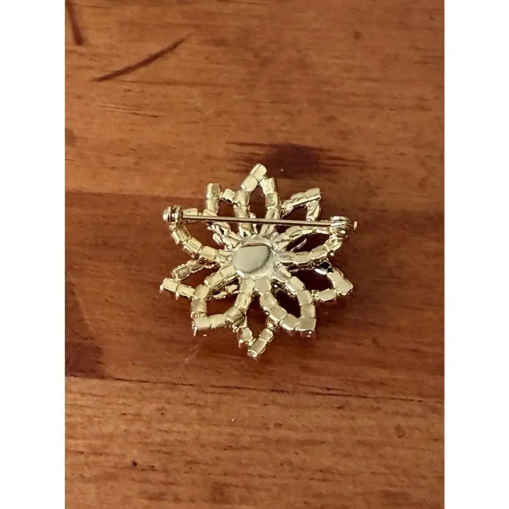 Vintage Style Rhinestone Flower Brooch Teal Pink Gold Tone Starburst Floral Pin